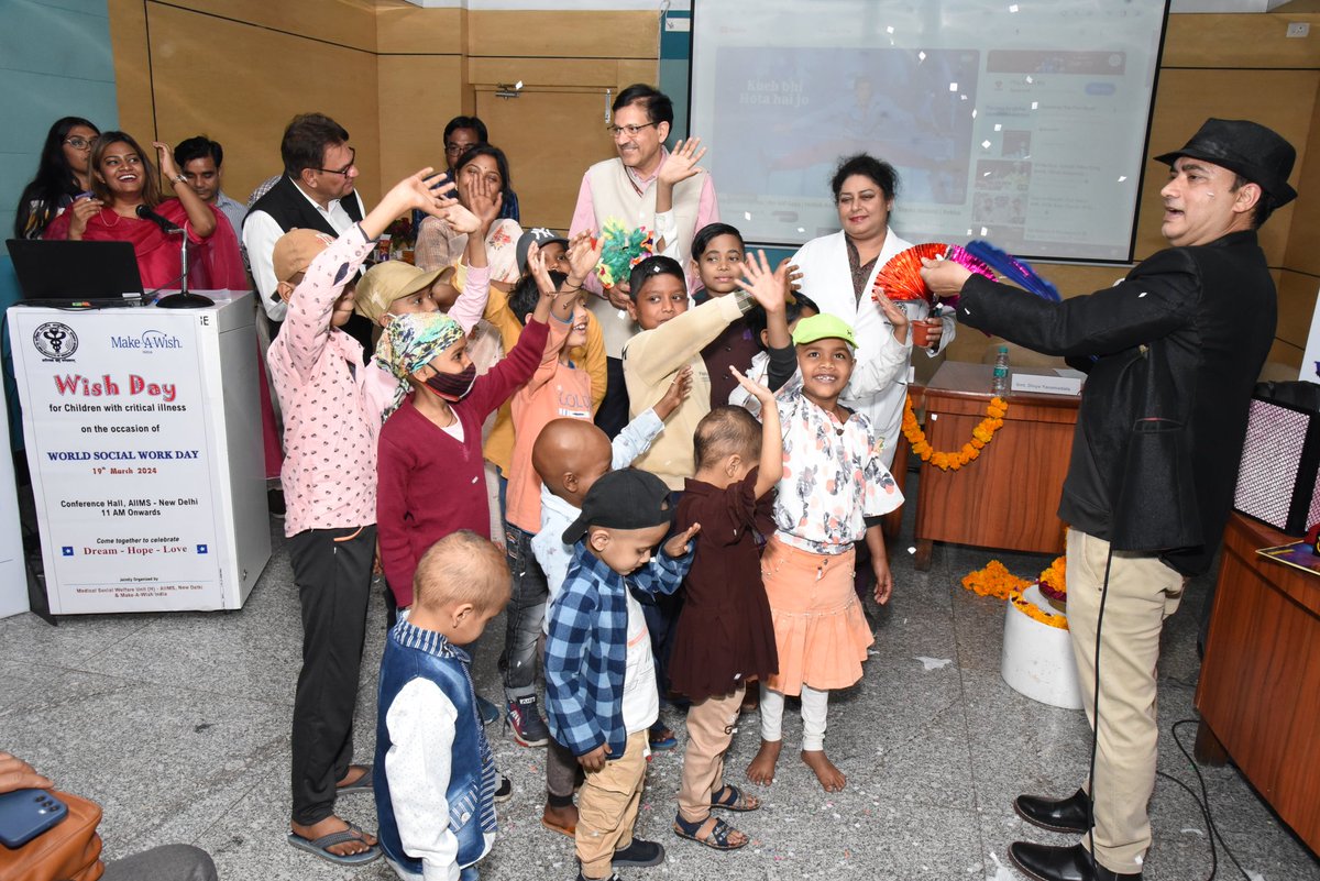 aiims_newdelhi's tweet photo. MSW Unit-AIIMS in association with Make-A-Wish India, organized a Wish-Day event on the occasion of 'World Social Work Day 2024' where wishes of 57 children suffering from critical illness were granted. An excellent magic show was also organised for children & their family members.