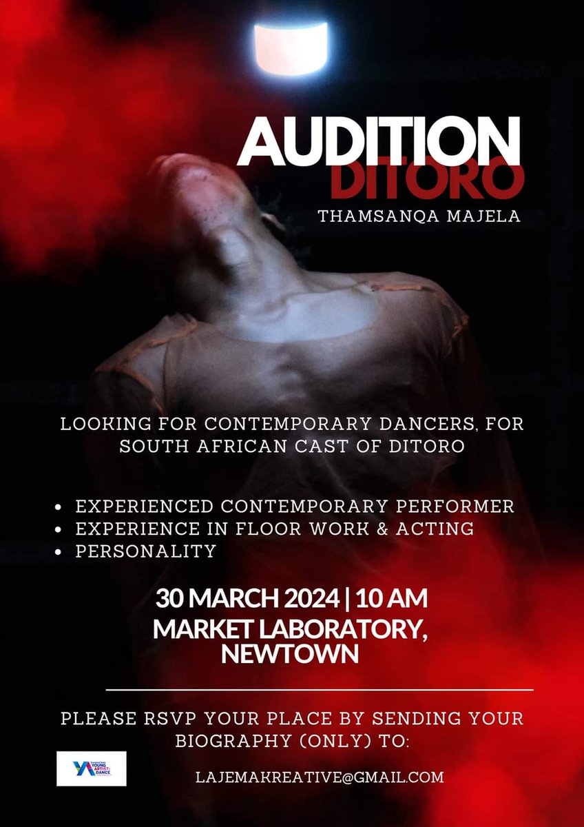 ThamsanQa Majela (@thamsanqamajela) on Twitter photo AUDITION |
Looking for Dancers for a South African cast for the work DITORO.
The work was produced by Muda Africa and performed by the Students and Alumni.
Ditoro has performed in Tanzania, Uganda and Rwanda. (2023 -2024)
#sbya2022
<a href="/StandardBankArt/">Standard Bank Arts</a>
#audition
#dance AUDITION |
Looking for Dancers for a South African cast for the work DITORO.
The work was produced by Muda Africa and performed by the Students and Alumni.
Ditoro has performed in Tanzania, Uganda and Rwanda. (2023 -2024)
#sbya2022
<a href="/StandardBankArt/">Standard Bank Arts</a>
#audition
#dance