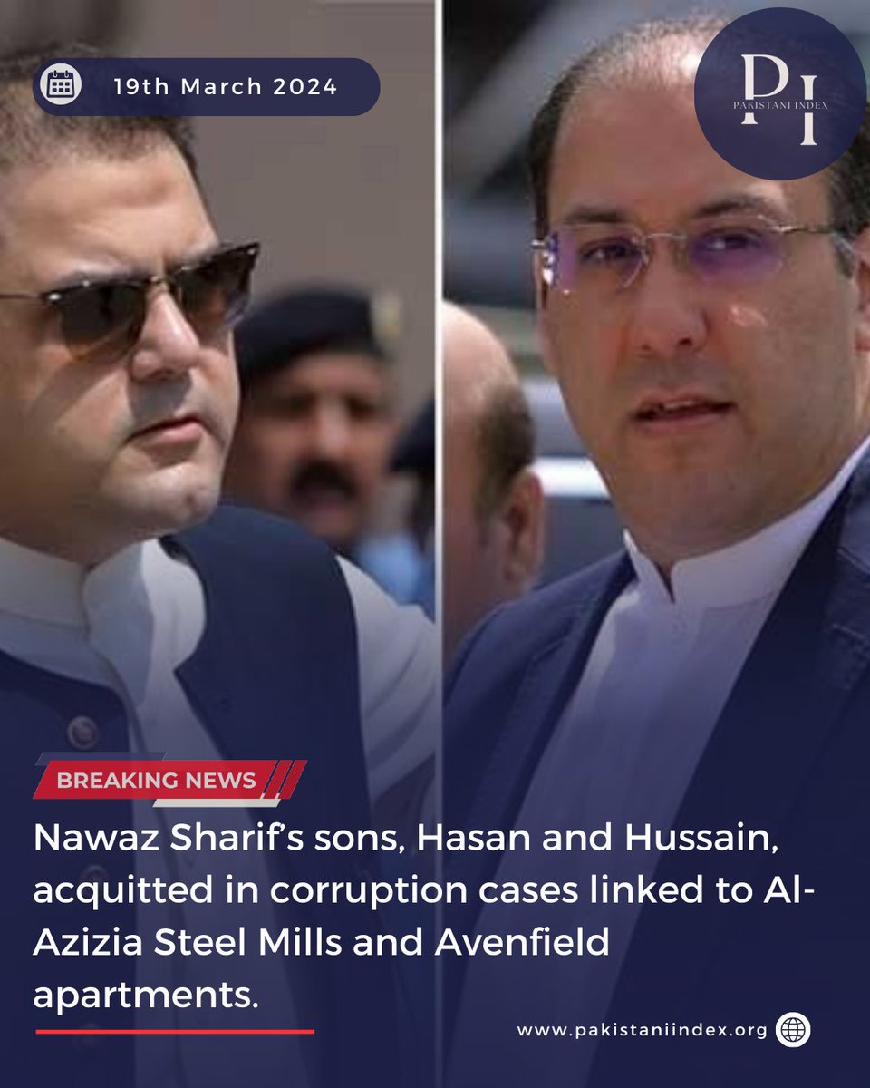 An accountability court in Islamabad acquitted Nawaz Sharif’s sons, Hasan and Hussain, in corruption cases linked to Al-Azizia Steel Mills and Avenfield apartments, citing lack of evidence and previous acquittals in related cases. #Pakistan #NawazSharif #AccountabilityCourt
