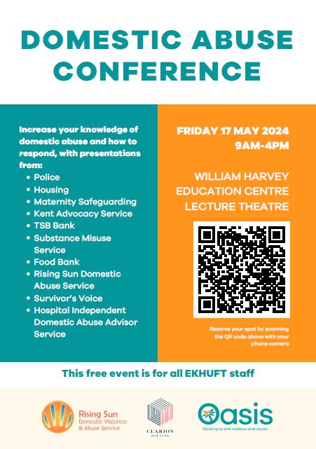The EKHUFT Hospital Independent Domestic Violence Advisers (HIDVA) have arranged a Domestic Abuse Conference at William Harvey in the Education Centre Lecture Theatre for 17th May 2024, 09.00-16.00. All @EKHUFT staff welcome! To book your place: eventbrite.co.uk/e/domestic-abu…