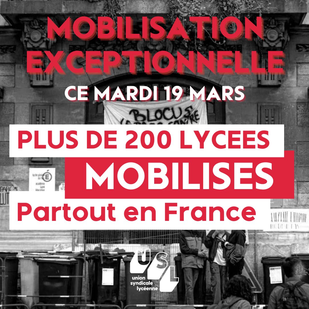 ✊ Plus de 200 lycées mobilisés !
Mobilisation exceptionnelle en ce 19 mars, journée de mobilisation pour la fonction publique !