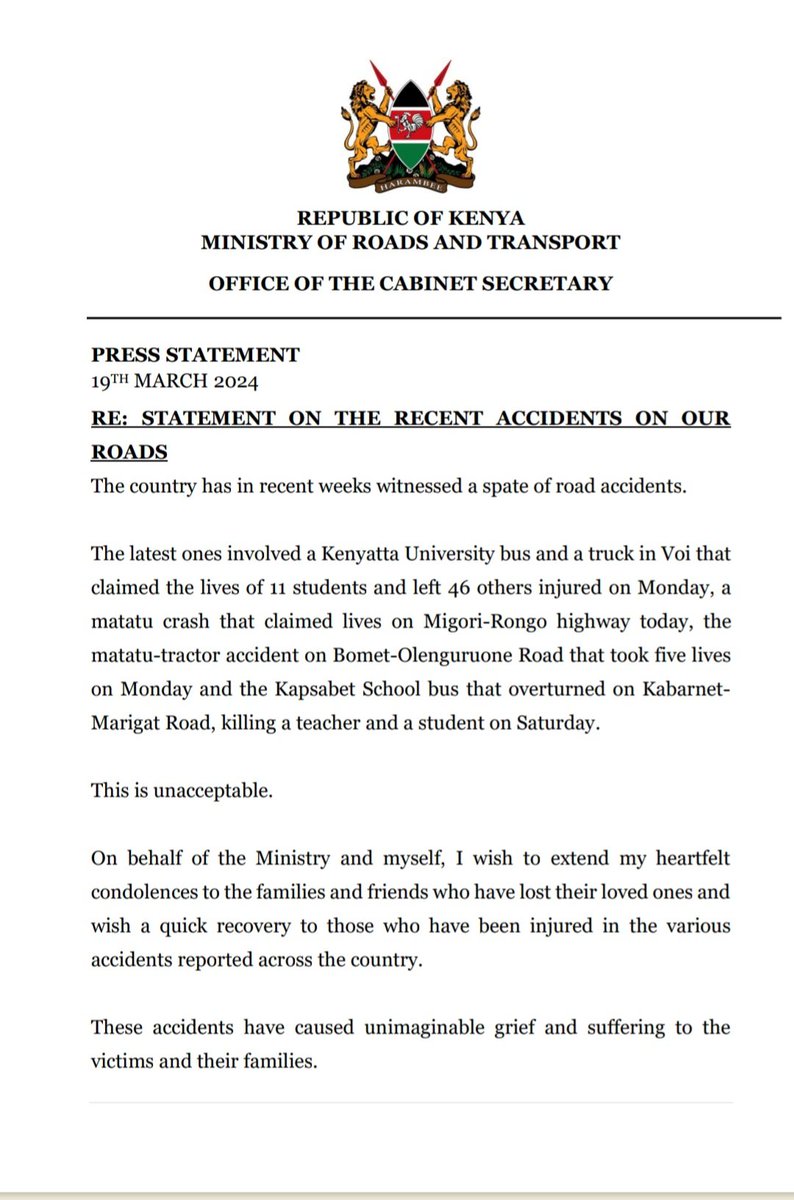 kipmurkomen's tweet photo. PRESS STATEMENT ON THE RECENT ACCIDENTS ON OUR ROADS. https://t.co/eCPlbbmwOt