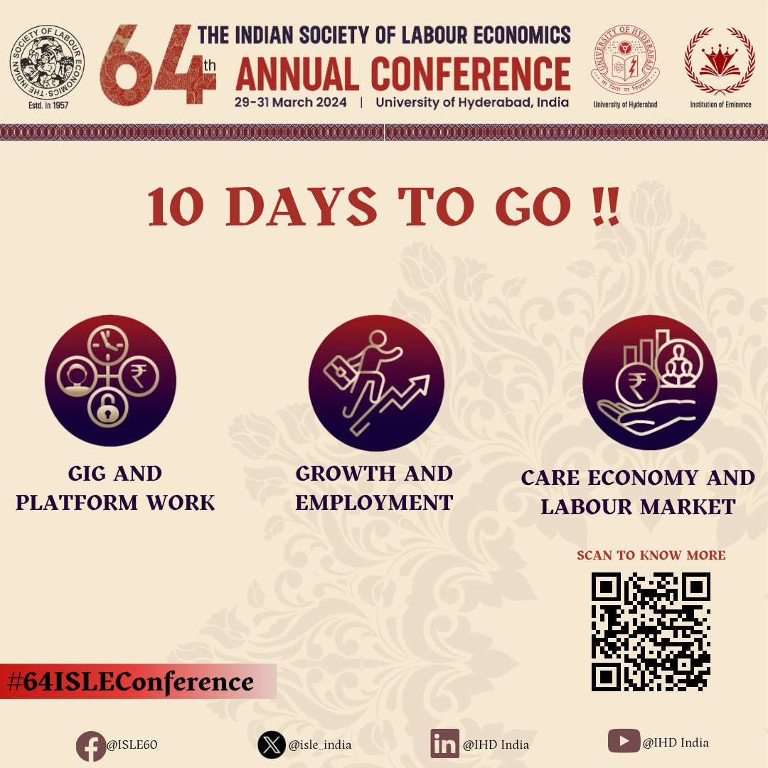 Mark your calendars! 📅 The 64th Annual ISLE Conference is happening at the @HydUniv from 29-31 March 2024 Stay tuned for updates: bitly.ws/322En #64ISLEConference #ISLE2024 #64ISLE