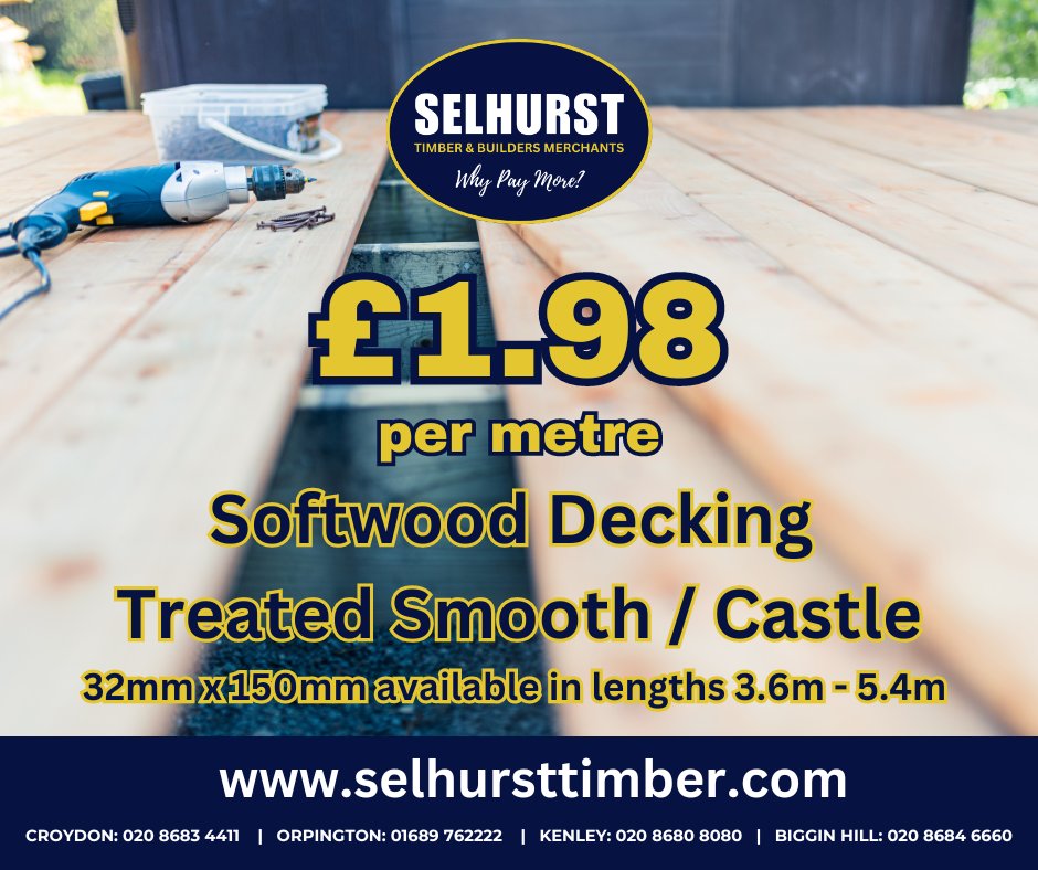 Summer is on the way and we've got great deals to help get your decking project underway :)

Softwood Decking Treated Smooth / Castle
32mm x 150mm available in lengths 3.6m - 5.4m 
Just £1.98 per metre

selhursttimber.com

#timbermerchant #buildersmerchant #timberdeals