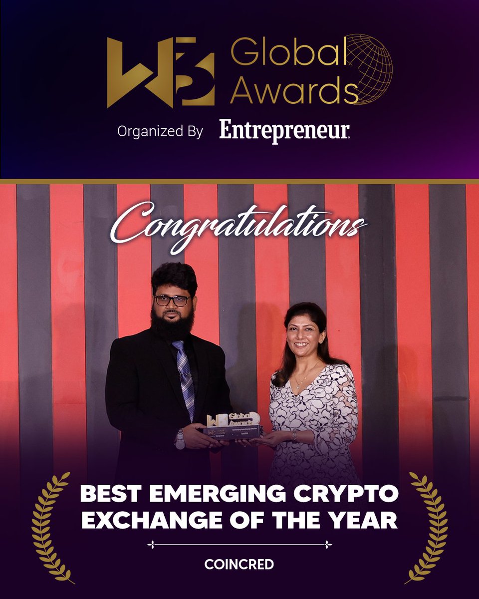 🏆 Congratulations to CoinCRED for winning Best Emerging Crypto Exchange of The Year at the W3 Global Awards! 

Here's to bringing greater financial freedom and empowering users in the digital asset space!

 #Coincred #CryptoExchange #W3GlobalAwards #EntrepreneurIndia
