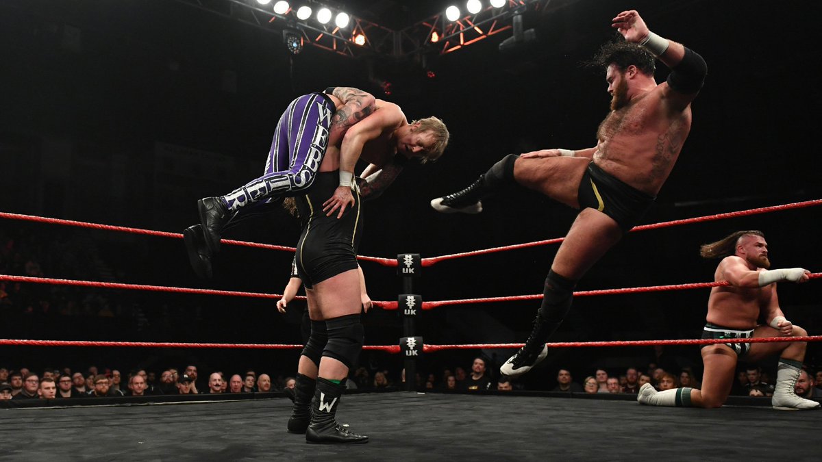 March 19, 2020: At Coventry Skydome, #Gallus (@Joe_Coffey, @m_coffey90, @WolfgangYoung) defeated @DaveMastiff, @Flash_Morgan & @trentseven in a wild Six-Man Tag Team Match. #NXTUK 📸 WWE