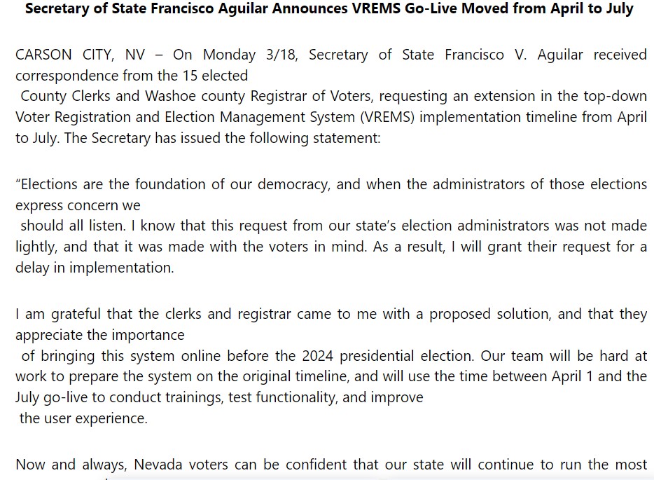 Secretary of State Cisco Aguilar announces that the launch of the state's new top-down voter registration system will be moved from April to July amid calls from county registrars.