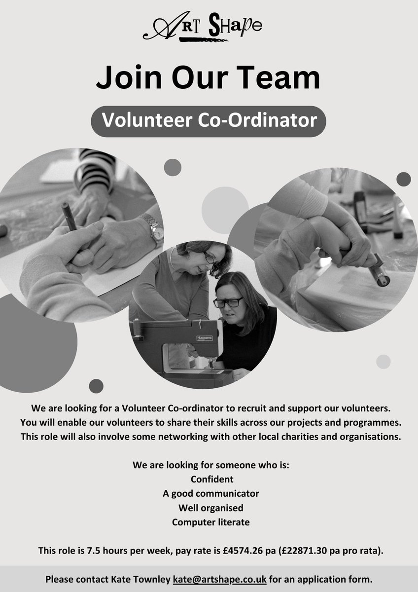 We are hiring a new Volunteer Co-ordinator to recruit and support our volunteers. 

Please contact Kate Townley kate@artshape.co.uk for an application form

#local #glos #glosjobs #hiring #artsjobs #charityjobs #gloucestershire #volunteerwork #volunteercoordinator