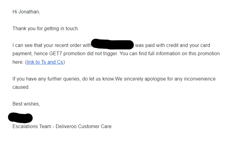 Good to know, <a href="/Deliveroo/">Deliveroo</a> <a href="/DeliverooHelp/">Deliveroo Help</a> that you punish customers for taking credit instead of getting a card refund when an order goes wrong. Poor customer service and I won't be using you again in a hurry (even got my name wrong, way to feel valued)