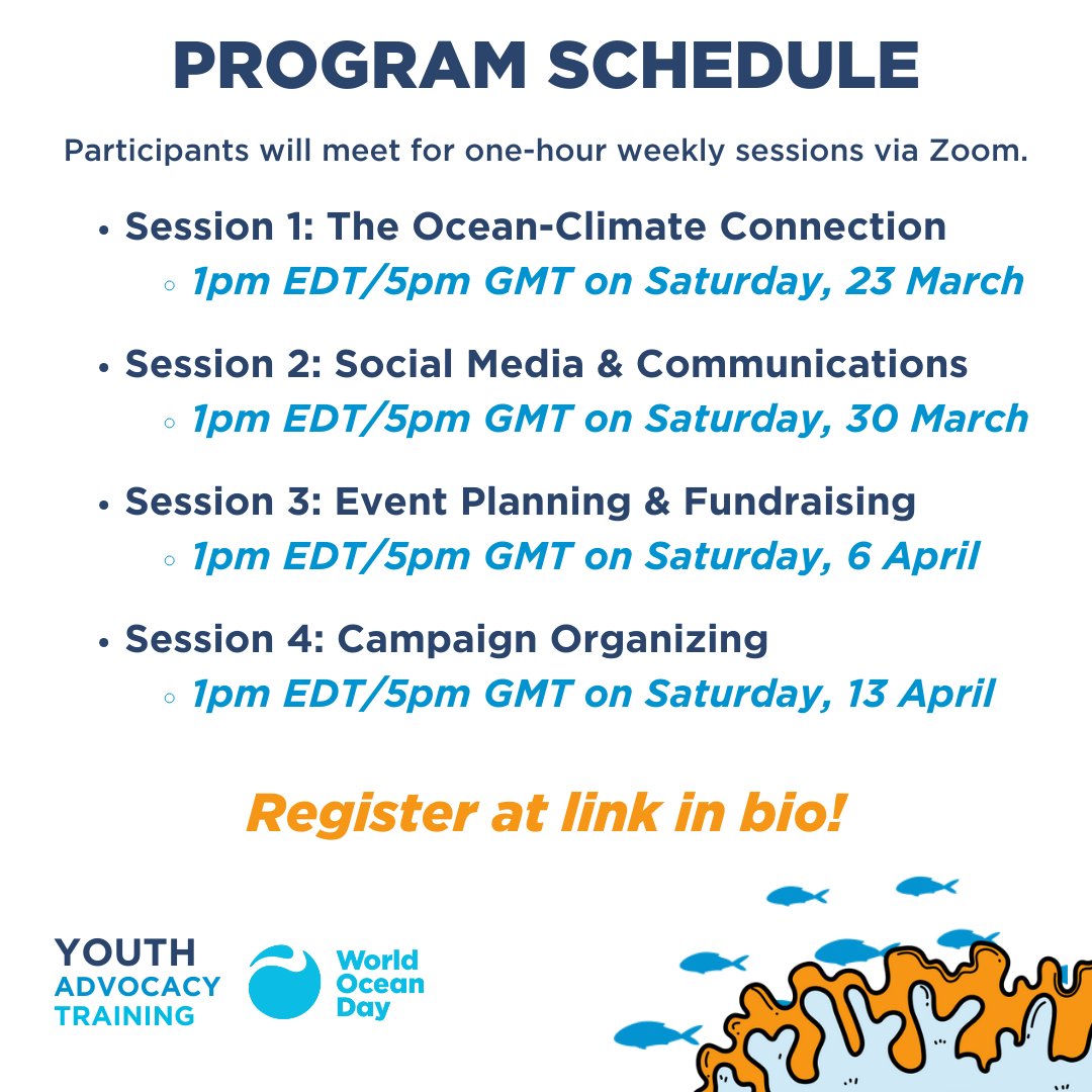 WorldOceansDay's tweet photo. Join us for another round of #YouthAdvocacyTraining, starting this Saturday! Session 1 features speakers Jennifer Becker @SciDiplomacyUSA and Armon Alex @armon_alex.  Register at link in bio. https://t.co/ow4SLNaxBx