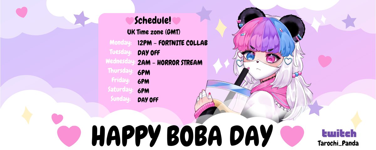 PandaTarochi's tweet photo. ♡ Boba Day Subathon Schedule! ♡

Please come keep me company during a super late night horror stream! 𓊆:̲̅:̲̅:̲̅[̲̅:♡:]̲̅:̲̅:̲̅𓊇

♡Follow me on #Twitch ♡
https://t.co/ACtMfZAiDK

#Tarochipanda #BobaDay #Subathon #ENVtuber #VtuberUprisings #Vtubersupport #menhera #kawaii https://t.co/PLlACVkJxc