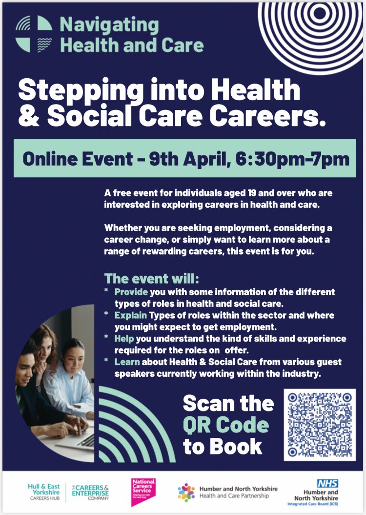 Navigating Health and Care will be hosting an online event to raise awareness of careers in the health and care sector. This event is aimed at parents/carers who would like to learn more about the range of job roles within the sector. April 9th, 2024, at 6:30 PM.
