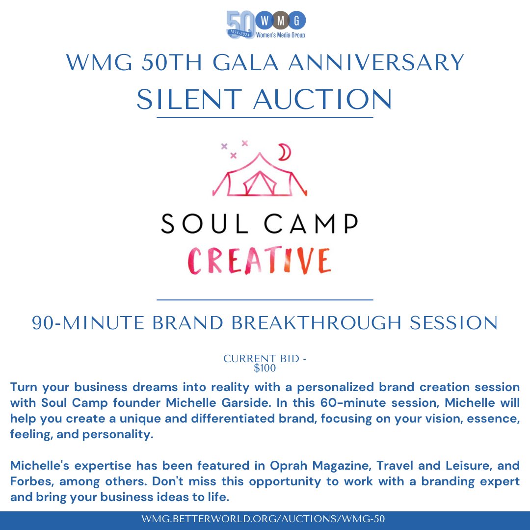 BID NOW for a personalized brand creation session with Michelle Garside, founder of Soul Camp! Craft a brand that truly reflects you! More information below: wmg.betterworld.org/auctions/wmg-50 Register Below! womensmediagroup.org/Gala-Tickets