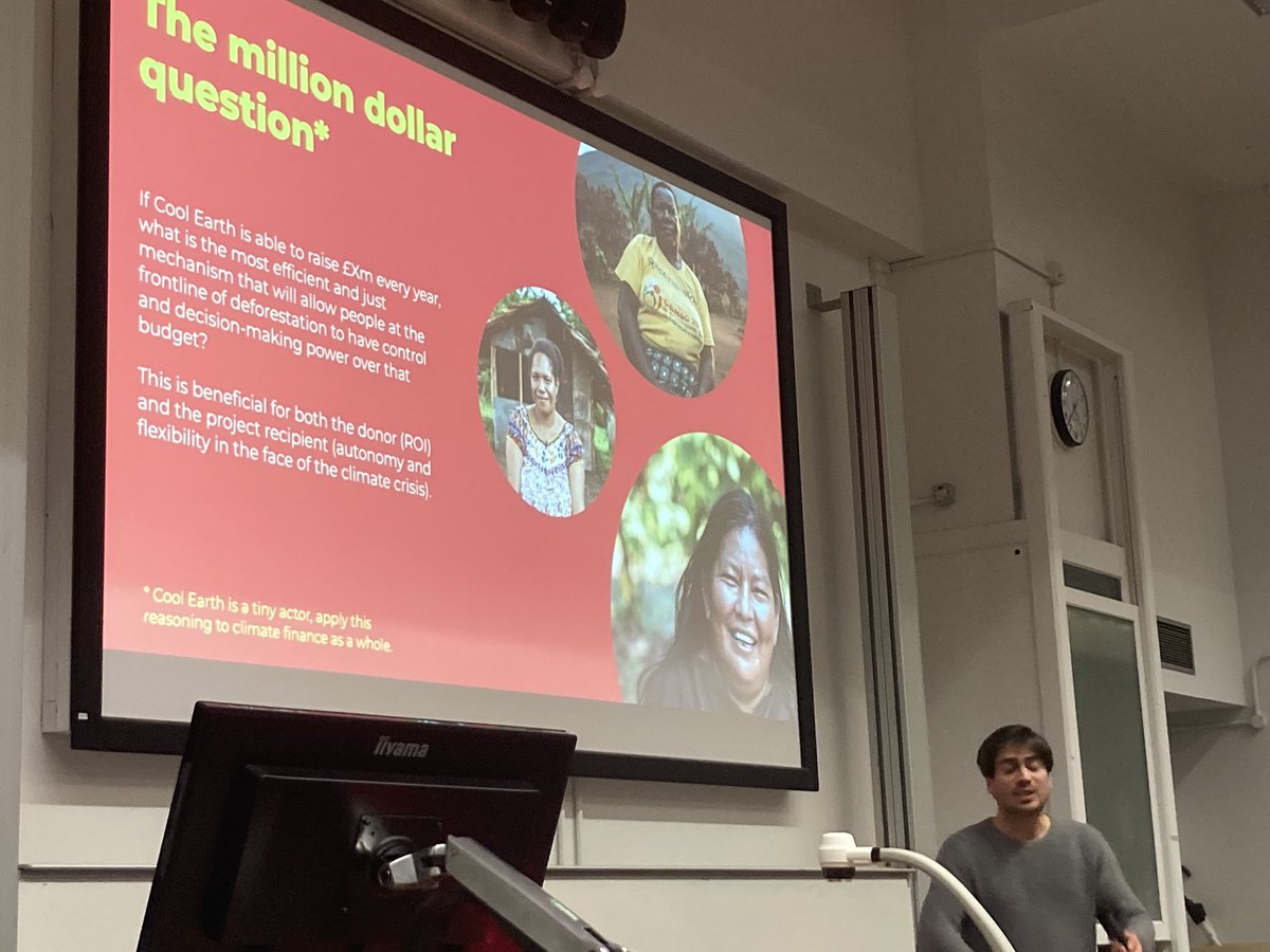 ProfJuliaMO1's tweet photo. @MartinSimonneau from @coolearth on the million* dollar question ‘what’s the most efficient &amp; just  mechanism that will allow people at the frontline of deforestation to hace control and decision-making power?’ . Great guest lecture in our @SRILeeds @SEELeeds MSc course! Thanks! https://t.co/AqU6rONkQc