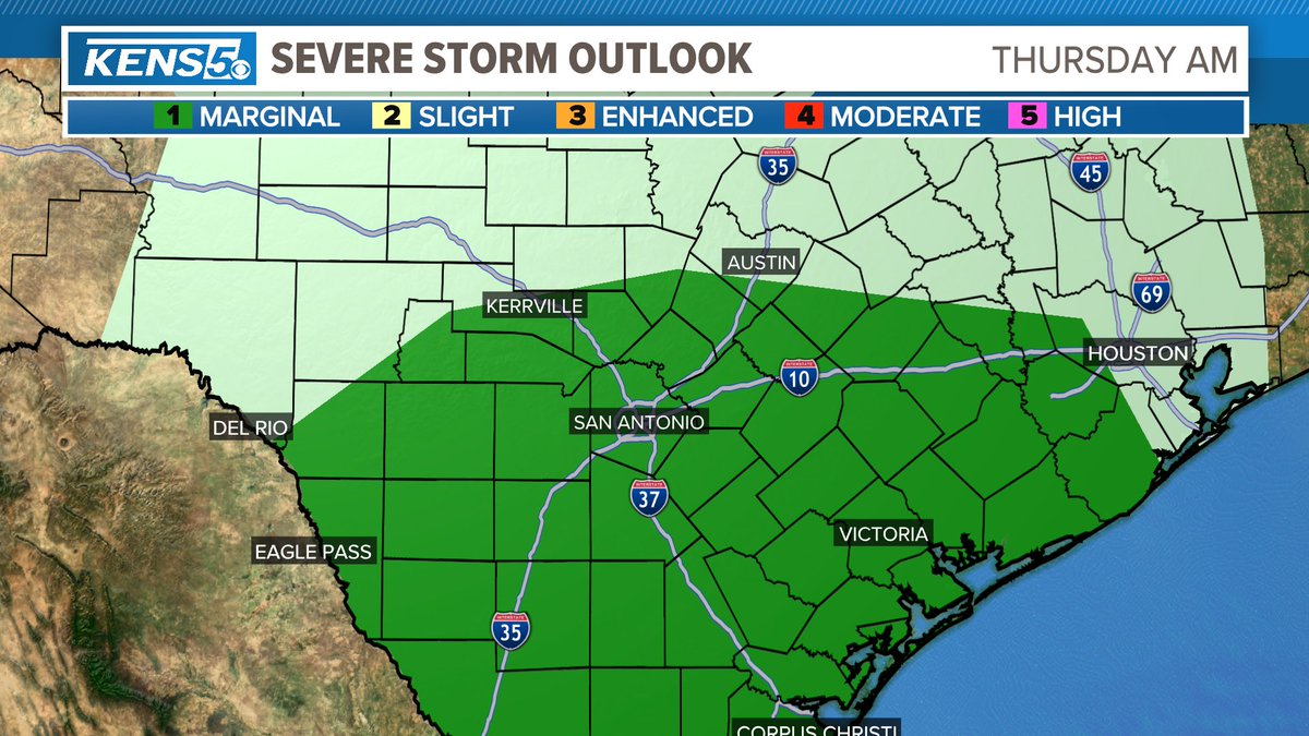 There is a marginal risk (a very slight risk) for severe t-storms Wednesday night into Thursday am. There will be a very strong cap in place that should limit storms from developing, so this a low percentage chance for storms. If storms develop large hail will be the main threat.