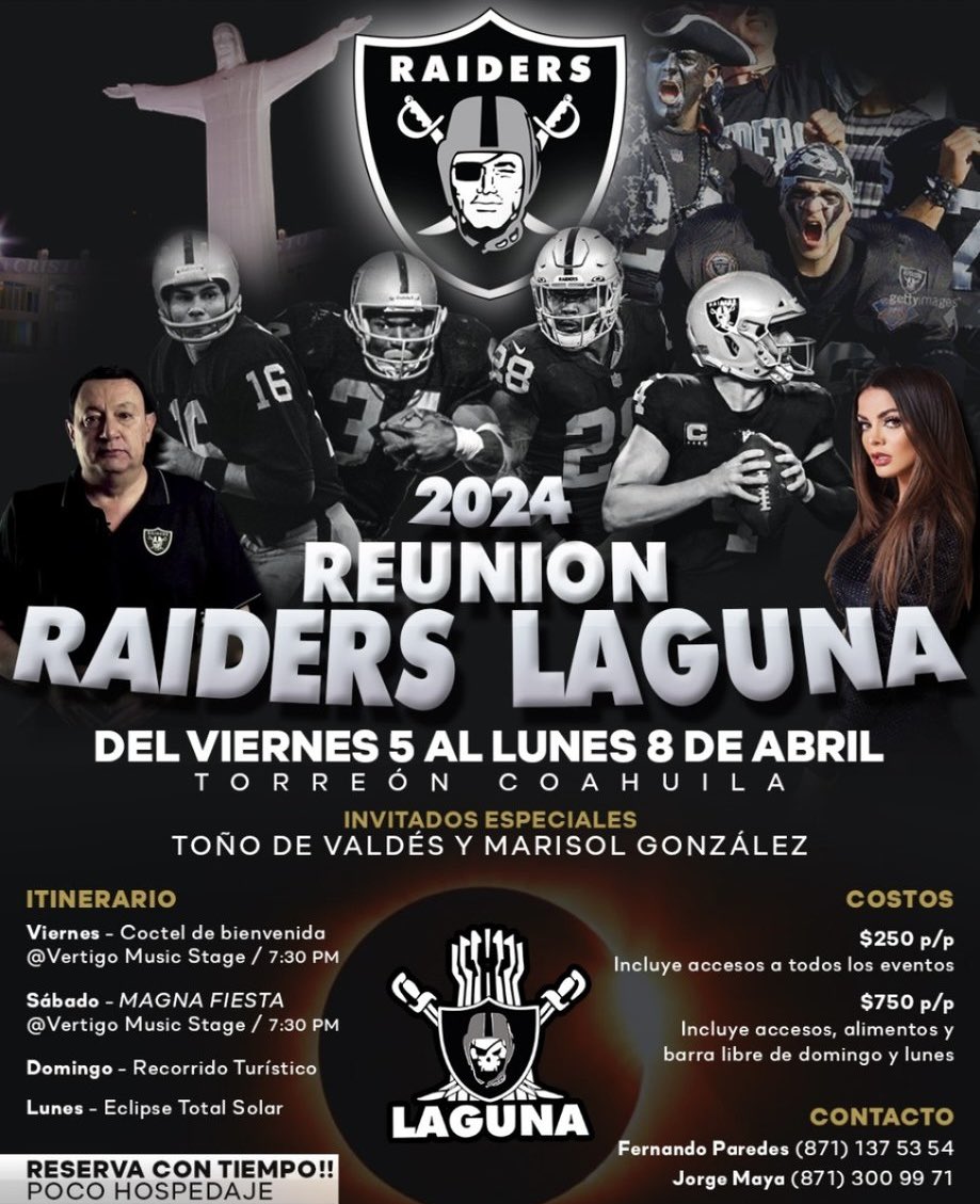 harryruiz's tweet photo. Para la #RAIDERNATION en 🇲🇽, la banda de #RaidersLaguna tendrá su primera reunión del 5 al 8 de Abril en Torreón.

¡Invitados de lujo @adevaldes y mi paisana @marisolglzz!

Si pueden, dense la vuelta. Como La Laguna, ninguna … luego, ¿con familia de los Malosos? ¡Aún mejor! https://t.co/rAyIAyshx8