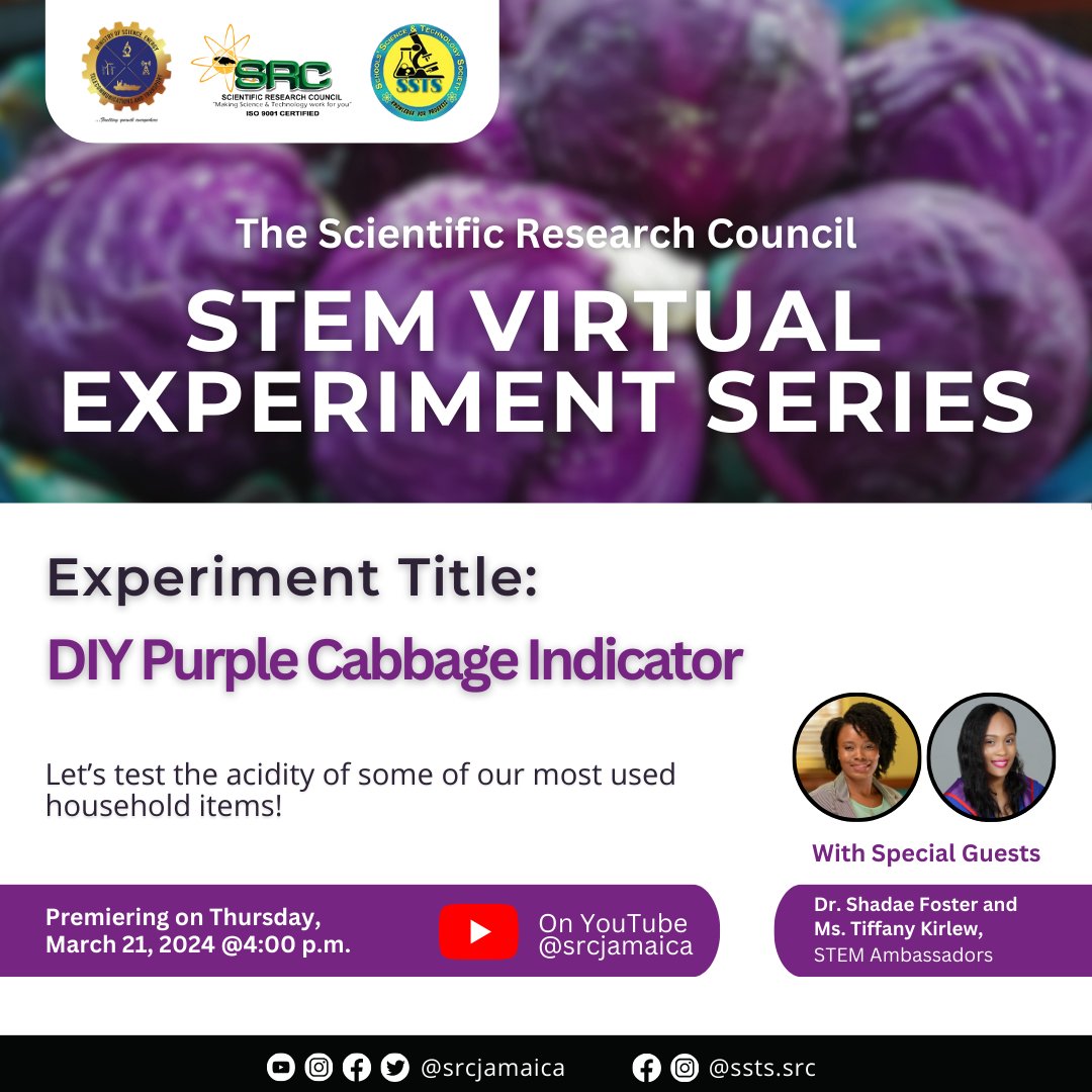Join us for another episode of the SRC's STEM Experiment Series on Thursday, March 21 at 4 p.m. Tune in to SRCJamaica on YouTube to explore testing the acidity of our most used household items with special guest STEM Ambassodors, Dr. Shadae Foster and Ms. Tiffany Kirlew #science