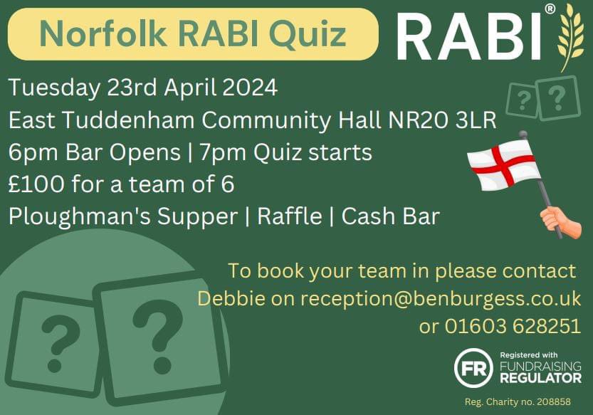 The annual Norfolk <a href="/RABIcharity/">RABI - the farmers charity</a> is back,Tuesday 23rd April at East Tuddenham Village Hall.Please get your teams booked in quick, the event is filling up quick. Celebrate St George’s Day with us with a quiz!!! 
#quiz #fundraiser #stgeorgesday #heartoffarming #norfolk #ploughmans