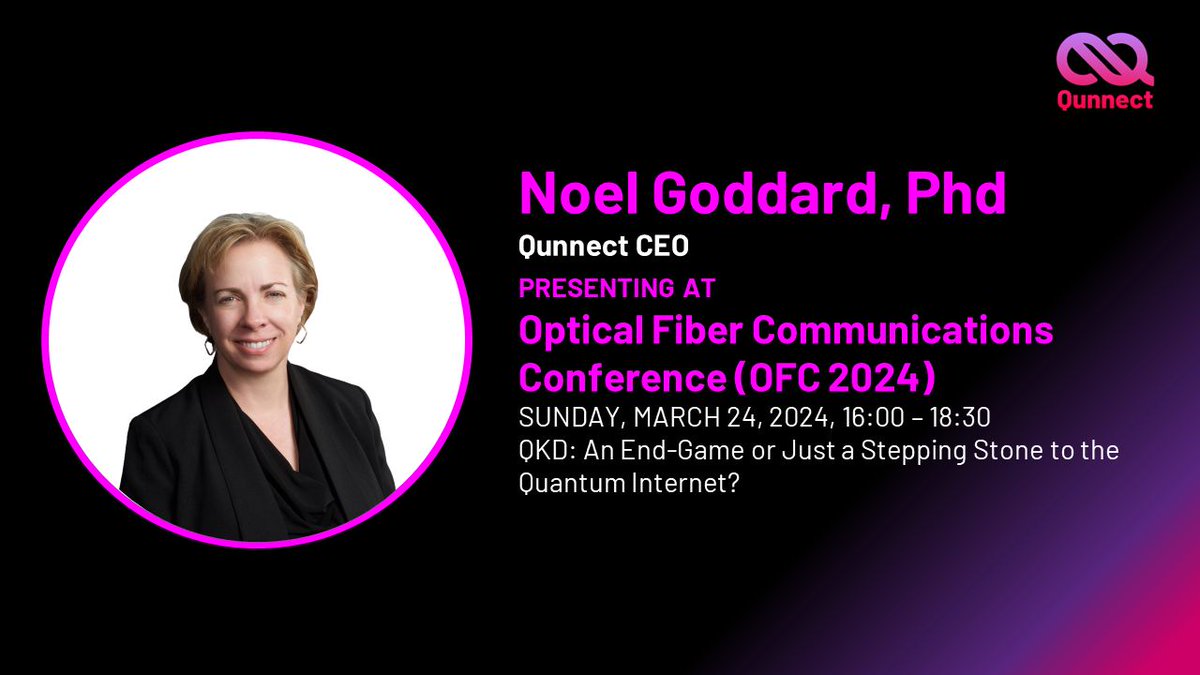 Qunnect, Inc. (@qunnectinc) on Twitter photo Hello #OFC24 participants! Don't miss the chance to hear from CEO <a href="/NoelGoddard2/">Noel Goddard</a> on March 24 as she shares her viewpoints on QKD and the future direction of the #quantum internet <a href="/ofcconference/">OFC Conference</a>. Find out more at buff.ly/3PqLgdd Hello #OFC24 participants! Don't miss the chance to hear from CEO <a href="/NoelGoddard2/">Noel Goddard</a> on March 24 as she shares her viewpoints on QKD and the future direction of the #quantum internet <a href="/ofcconference/">OFC Conference</a>. Find out more at buff.ly/3PqLgdd