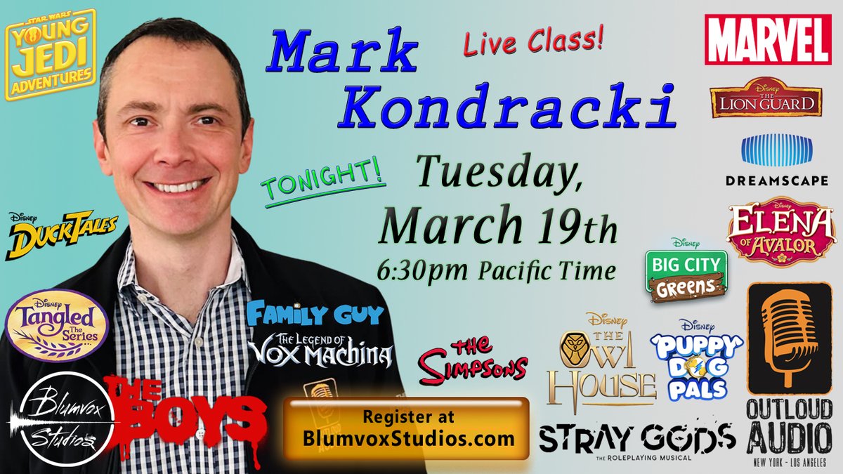 blumvoxstudios's tweet photo. πππππππ! Tuesday, March 19! Join Mark Kondracki and Steve Blum LIVE in Voice Acting class at
@blumvoxstudios at 6:30pm Pacific Time >>Register NOW at: https://t.co/Vz4PdQ4hoh
*
#marvel #disneystudios #netflix #outloudaudio #studioengineer #voiceactingclass #LiveEvents https://t.co/MER1UUPCvP