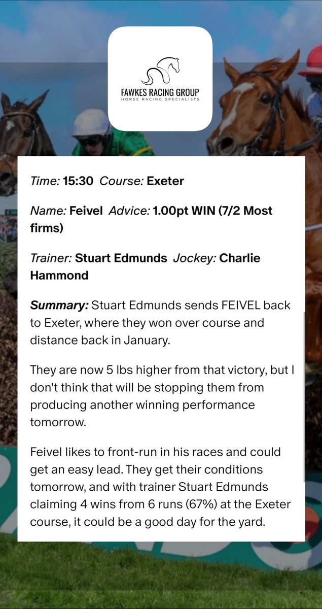 FawkesRacing's tweet photo. 💥FEIVEL WINS💥

Wow! I thought he was going to win but not that easy

FEIVEL cruises around the Exeter track &amp; wins comfortably on the bridle 🥇

Posted on the Patreon at 7/2 - SP 5/2

#HorseRacingTips #HorseRacing https://t.co/2LiFf8kl3B
