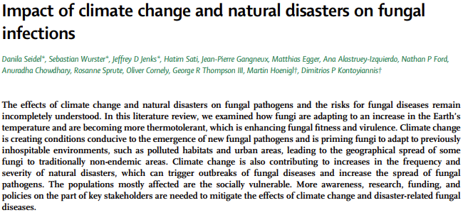 New review article in The Lancet Microbe Impact of #ClimateChange and natural disasters on fungal infections thelancet.com/journals/lanmi… #fungi #OpenAccess #OA