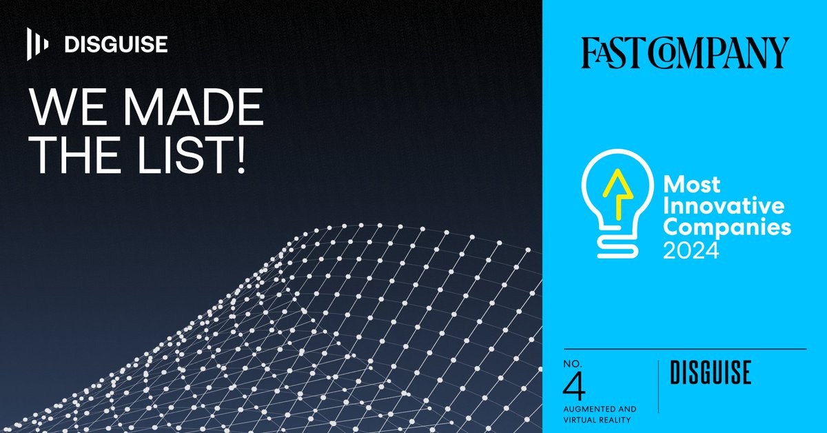 Disguise has been named on @FastCompany's list of the world's most innovative companies for 2024! Thank you so much to our team members, partners and community for the support! Read more: web.disguise.one/3TGPGPx #FCMostInnovative #innovation