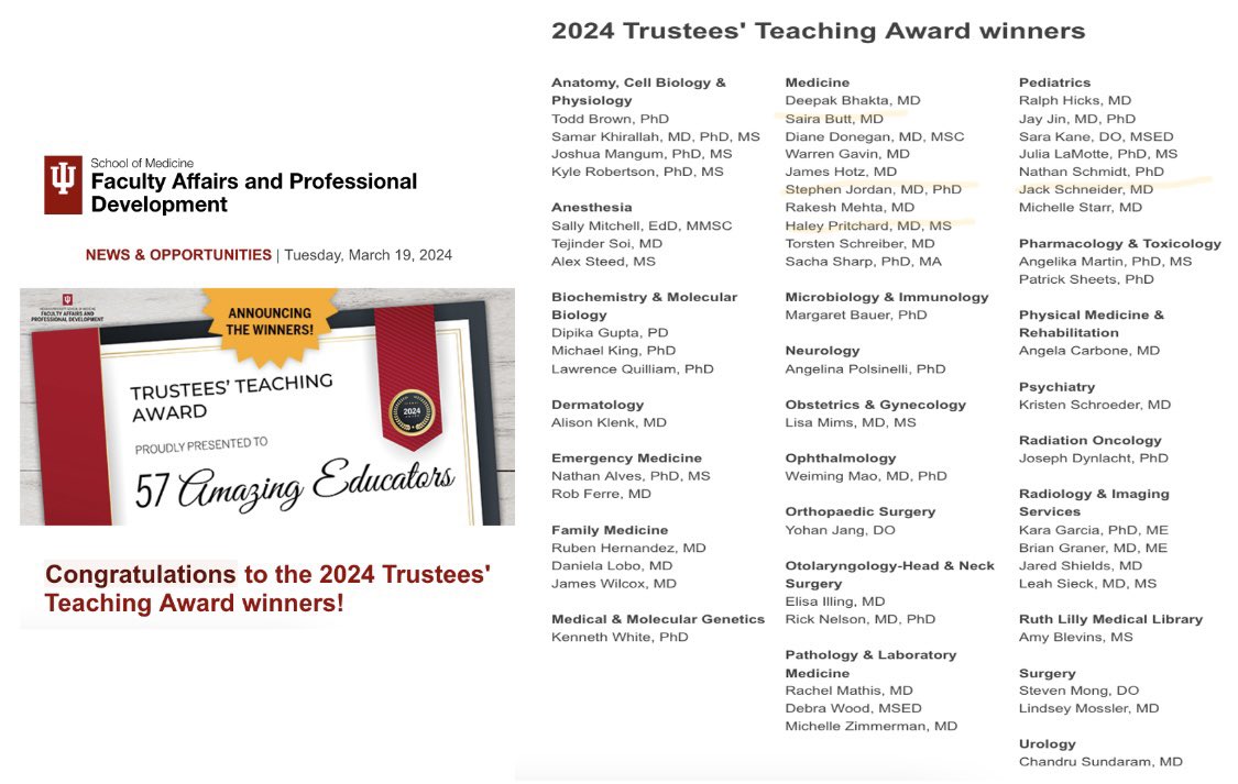 Congratulations to @IUMedSchool trustee teaching awards recipients including our ID faculty Dr Butt @SAIRABT Dr Pritchard @Strongylady Dr Jordan & Med-peds ID @iupedsID Dr Schneider 🎉 @IUSMDeptMed #idtwitter #idkeded #meded #idfellowship