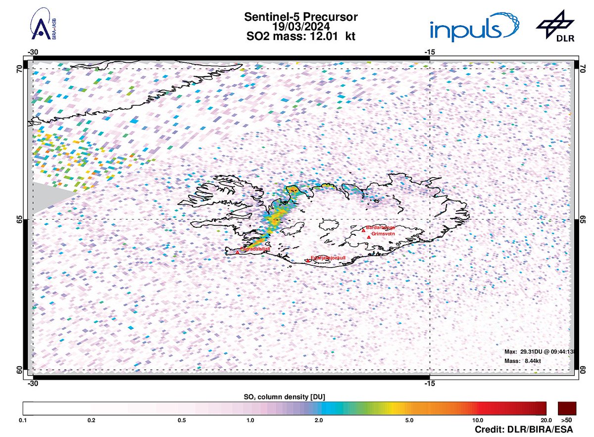 On 2024-03-19 #TROPOMI has detected an enhanced SO2 signal of 6.25DU at a distance of 59.8km to #Fagradalsfjall #Bardarbunga #Grimsvotn. #DLR_inpuls @tropomi #S5p #Sentinel5p @DLR_en @BIRA_IASB @ESA_EO #SO2LH