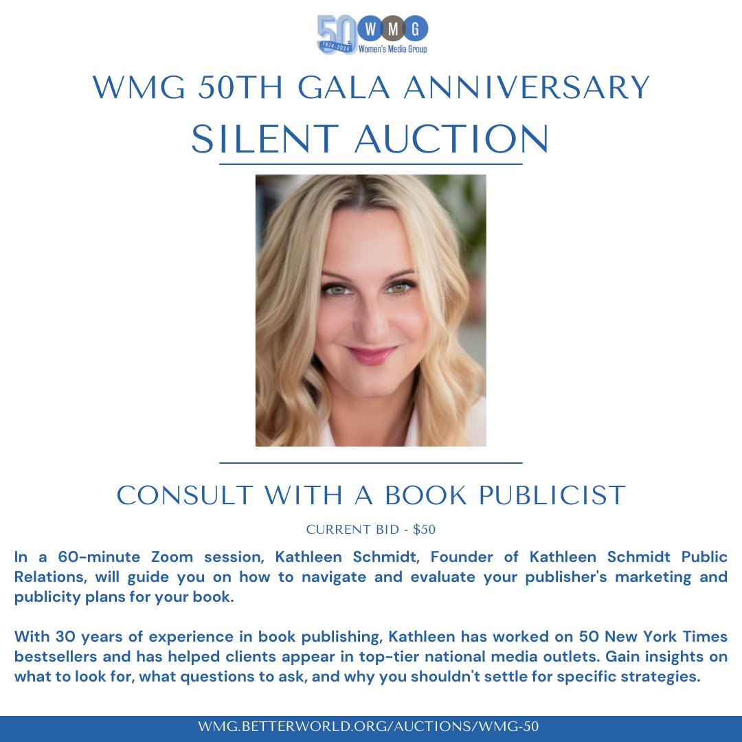 BID NOW for a 1-hour Zoom session with Kathleen Schmidt, a seasoned expert in book publishing! Get insider tips on making your book stand out! More information below: wmg.betterworld.org/auctions/wmg-50 Register Below! womensmediagroup.org/Gala-Tickets