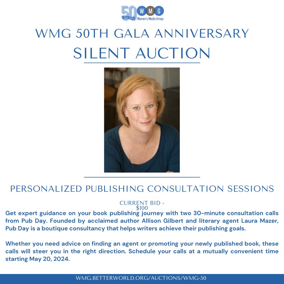 BID NOW for two 30-min consultations with Pub Day! Founded by author Allison Gilbert and agent Laura Mazer, Pub Day helps writers at every stage! More information below: wmg.betterworld.org/auctions/wmg-50 Register Below! womensmediagroup.org/Gala-Tickets