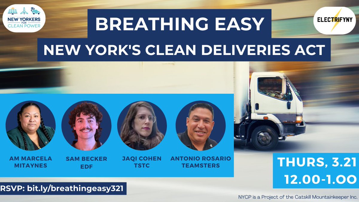 📅  Tune in on 03.21 at noon for a #CleanDeliveries Teach-In with @Electrify_NY & @nyforcleanpower 

Hear from:
🚛 AM @MMitaynes
🚛 Sam Becker of @EDFCleanAir
🚛Jaqi Cohen of @Tri_State ❕
🚛Antonio Rosario of @Teamsters

Register today: bit.ly/breathingeasy3… 🫁