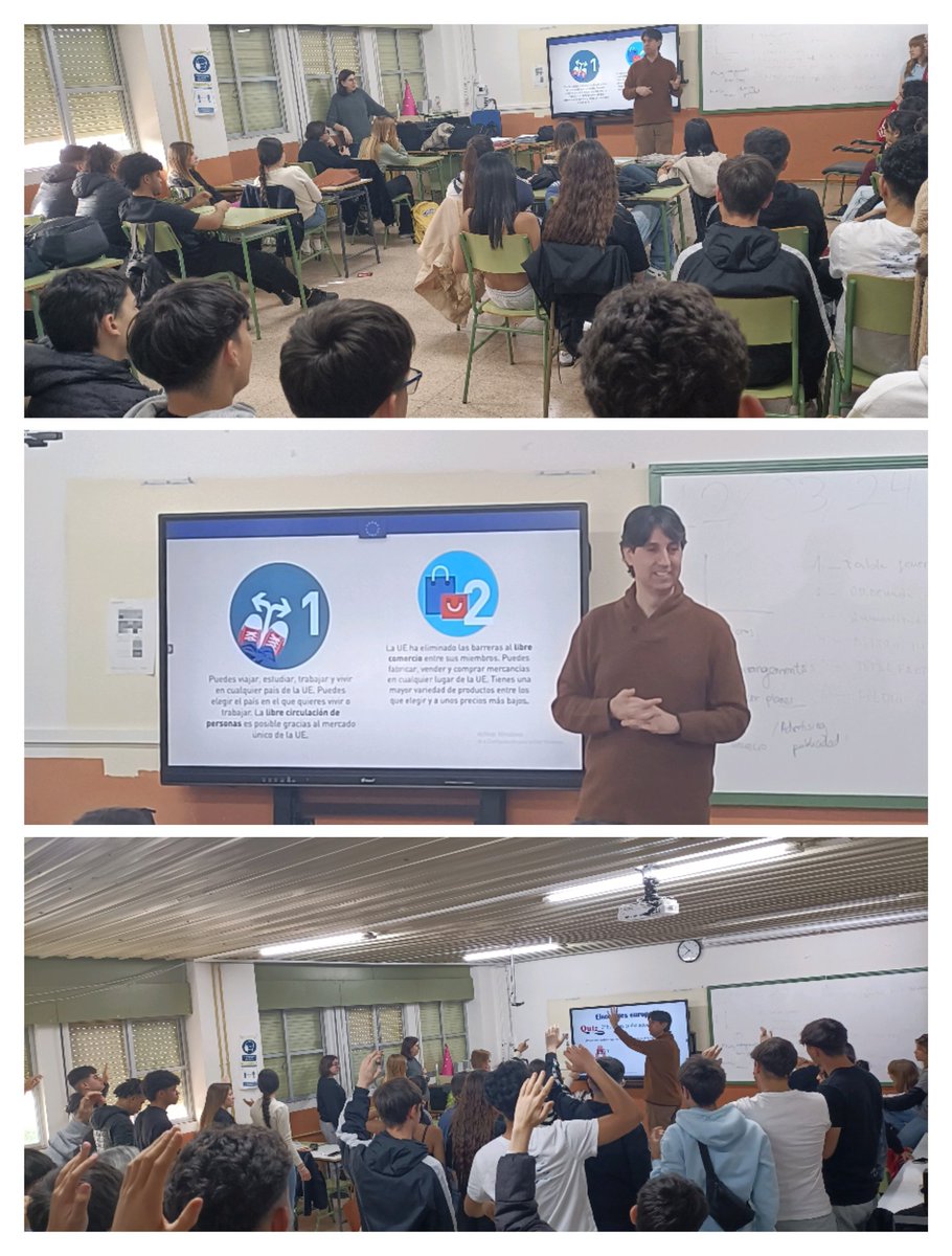 Los alumnos de FP básica han recibido una charla de Oliver Soto, profesor UCM, acerca de la libre circulación de personas en la UE o edades de votación en los distintos países, y animar al alumnado y familiares a participar en las elecciones europeas el próximo 9 de junio 2024