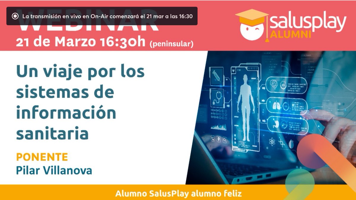 No sabéis la ilusión que me hace tener este jueves a <a href="/Pilar_Villanova/">Pilar Villanova</a> en el primer webinar del Máster de Competencias Digitales en Salud de <a href="/UEMC/">UEMC</a> y <a href="/salusplay/">SalusPlay</a> Vamos a aprender muchísimo sobre sistemas de información

salusplay.com/master-en-comp…