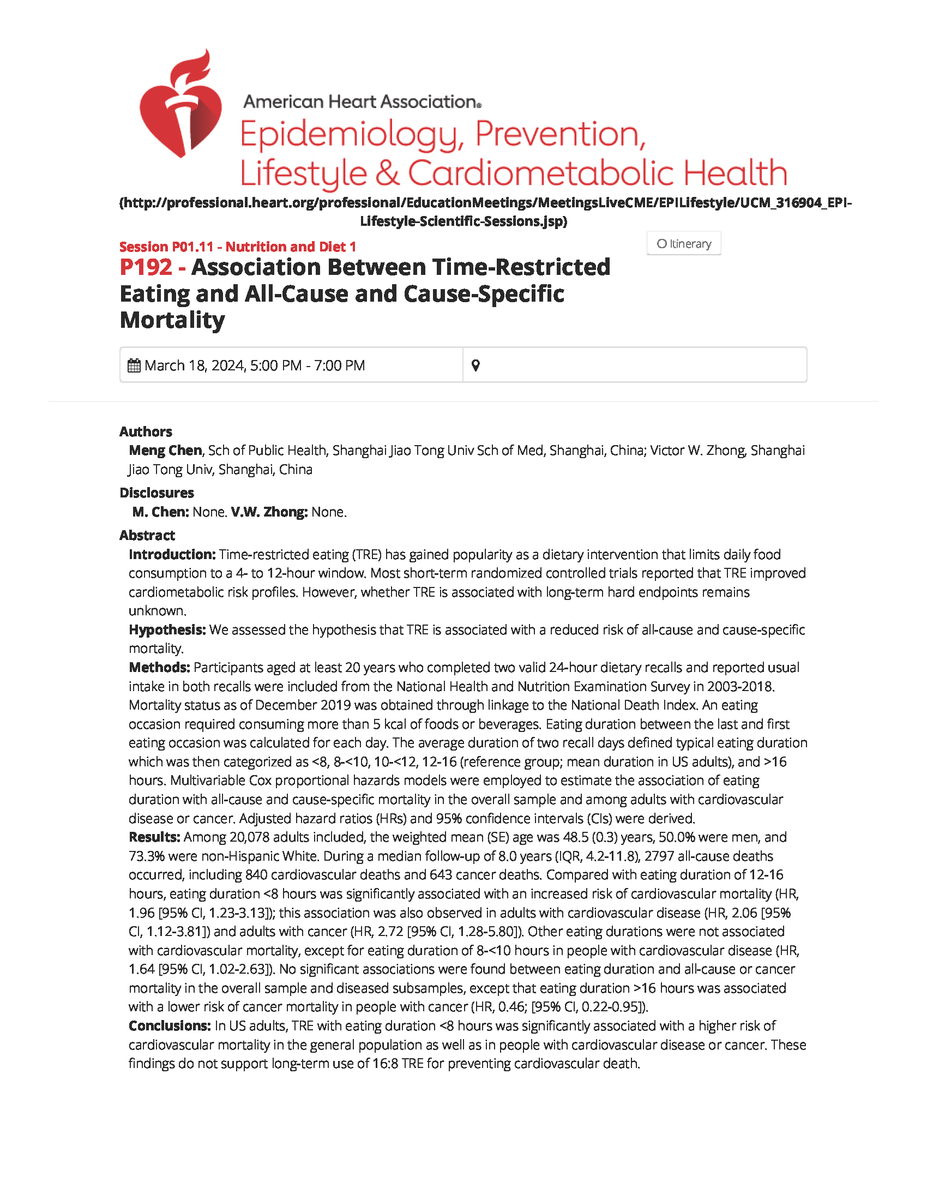 DanielJDrucker's tweet photo. #Timerestrictedfeeding and your heart-some new data presented in Abstract form @AHAScience #CVD #Heartdisease #Mortality 🫀💔https://t.co/WgzgNnEEsu https://t.co/rXgMIW2lj9