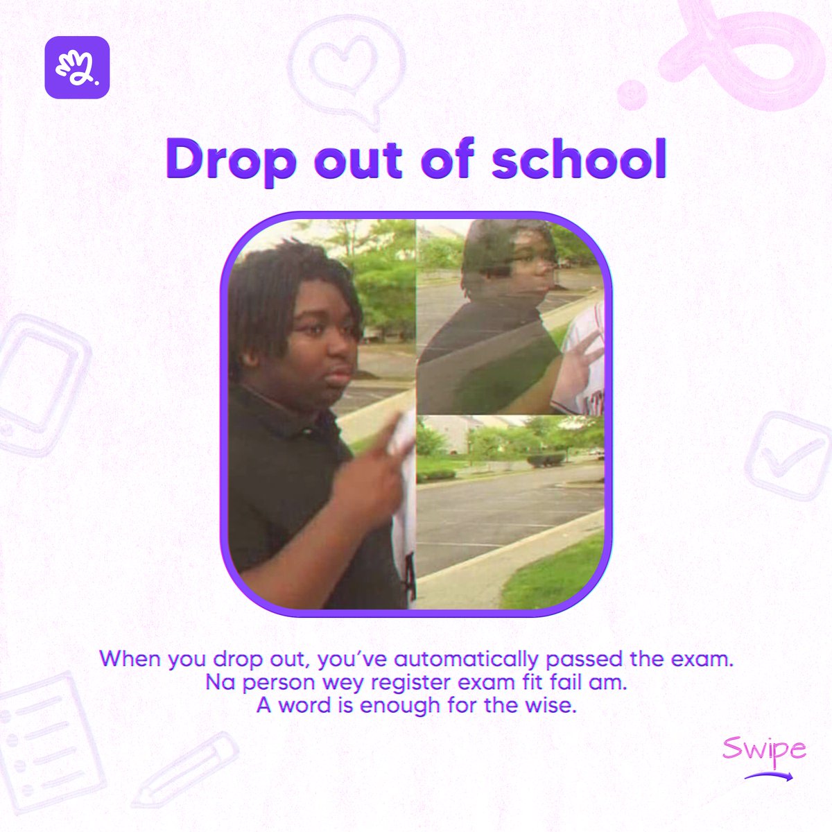 Poppinverse's tweet photo. It's exam season, we all know the struggle is real.

Struggling to read up for your exams?

Try out these trusty ideas for passing your exams without reading.

Don't say, we didn't do nothing for you!😂

#poppin #Exams #SchoolStudents https://t.co/Z4F3XvPJO8