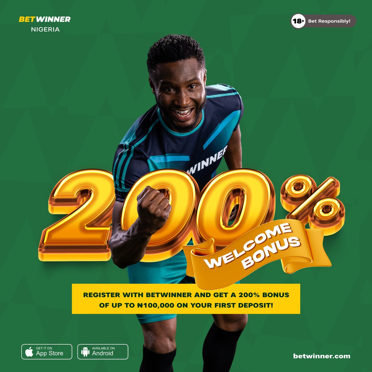 Enjoy a whooping 200% bonus when you make your first deposit on BETWinner. 
The International Fixtures are upon us, sign up now to make your predictions on the long list of games served for your delight.

Hurry and place your bet to win BIG!

#BETonYou
#BETWinner