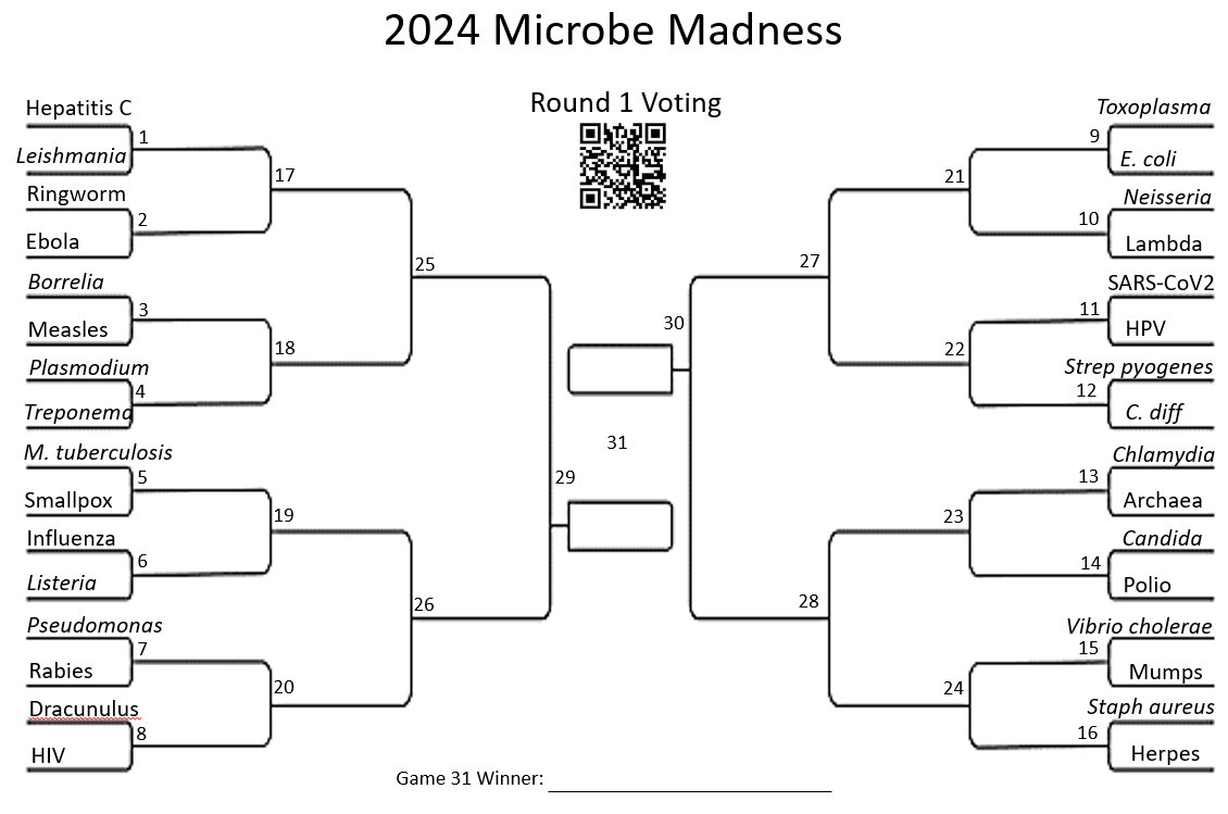 Microbe Madness kicks off today! 32 microbes face off. Dethrone reigning champ C. diff!! 1. Fill out your bracket. 2, Vote weekly for your favorites in virtual battles! Round 1 voting ends Thursday at noon. Vote early, not often! Recruit friends! forms.gle/51HT6xPyBHDGwe…