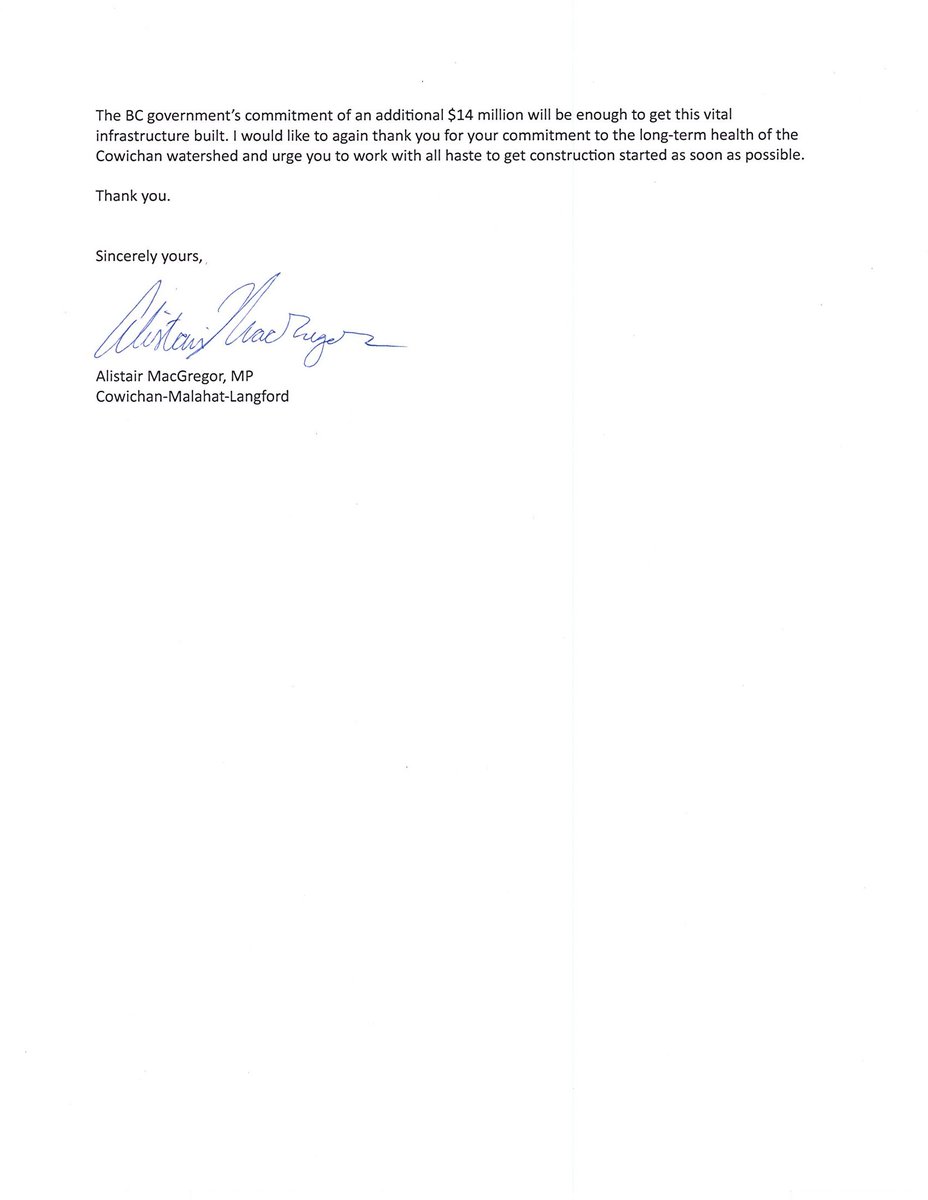 The @bcndp government made an important $14 million investment in my riding towards the Cowichan weir. I wrote to Premier @Dave_Eby to thank him for this investment in critical infrastructure, and I look forward to supporting his government's re-election later this year.