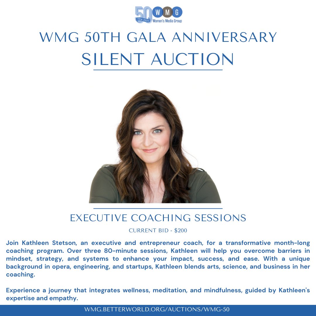 Elevate your impact and success! BID NOW for Kathleen Stetson's transformative coaching program. Overcome barriers and unlock your full potential. More information below: wmg.betterworld.org/auctions/wmg-50 Register Below! womensmediagroup.org/Gala-Tickets