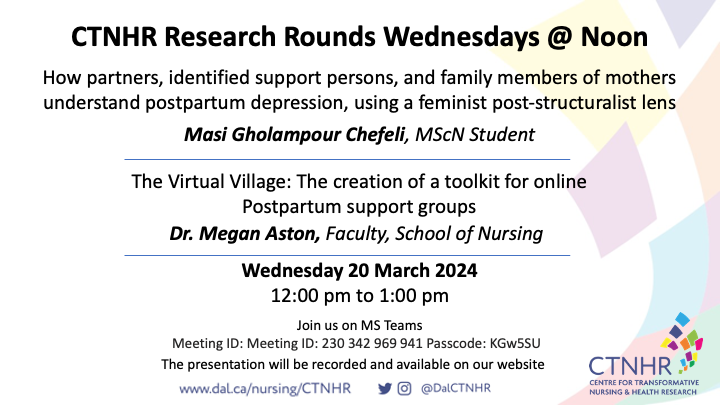 Hear from @DalNursing's Masi Gholampour Chefeli and Dr. @meganaston22 tomorrow (Wednesday) at lunch for the @DalCTNHR Research Round! Teams Meeting ID: 230 342 969 941 Passcode: KGw5SU