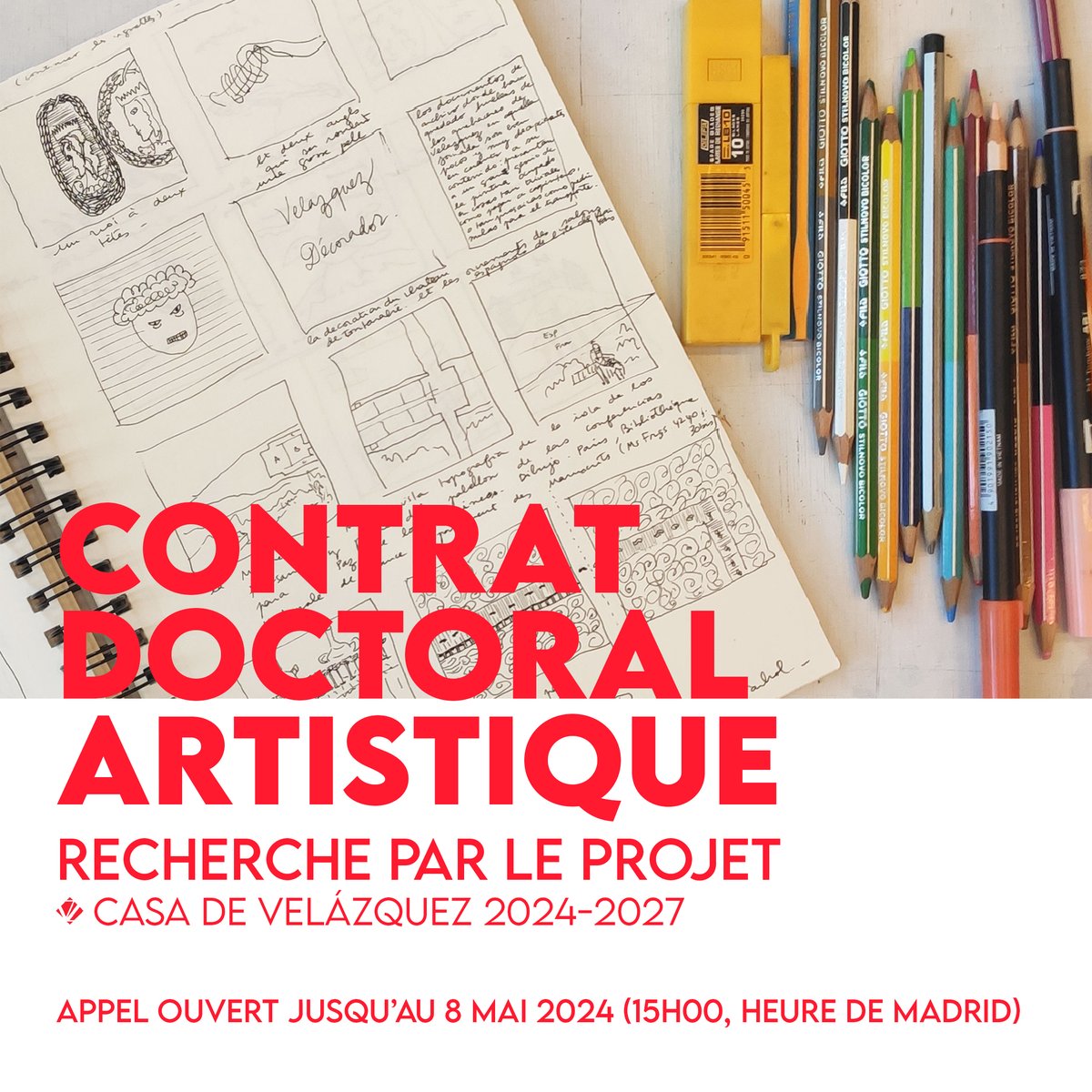 🆙📣 L'#appel pour notre contrat doctoral artistique de recherche par le projet 2024-2027 est ouvert jusqu'au 8 mai 2024 ! ✨ Modalités et portail de candidatures sur notre page web casadevelazquez.org/news/contrat-d…