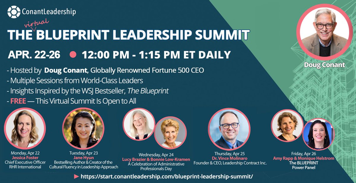 DougConant's tweet photo. Excited about our fantastic lineup of top leadership luminaries for our upcoming #BLUEPRINTSummit!
Did you RSVP yet? Registration is free but space is limited. Sign up right here: https://t.co/MtZjj4CrBn https://t.co/0XT0P0Bzoi