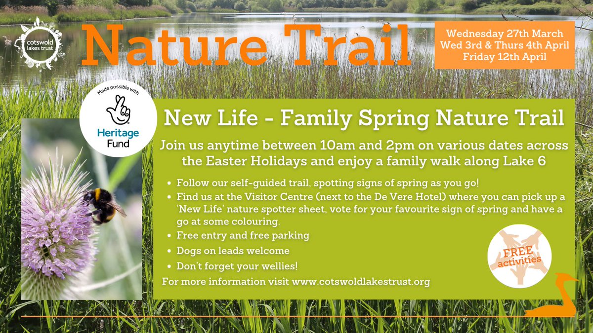Join Cotswold Lakes Trust at the Cotswold Water Park Visitor Centre (in the grounds of the De Vere Hotel) over the Easter holidays for some spring family fun! A self-guided trail, colouring and more between 10am and 2pm on 27th March & 3rd, 4th, 12th April.