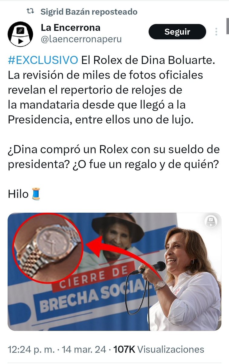 Sigrid Bazan criticando los rolex de Dina, pero la muy sinvergüenza jamás supo explicar de dónde sacó $330,000 para comprar casi al contado su lujoso departamento en San Isidro.
Aquí <a href="/FiscaliaPeru/">Ministerio Público</a> no abrió investigación de oficio!