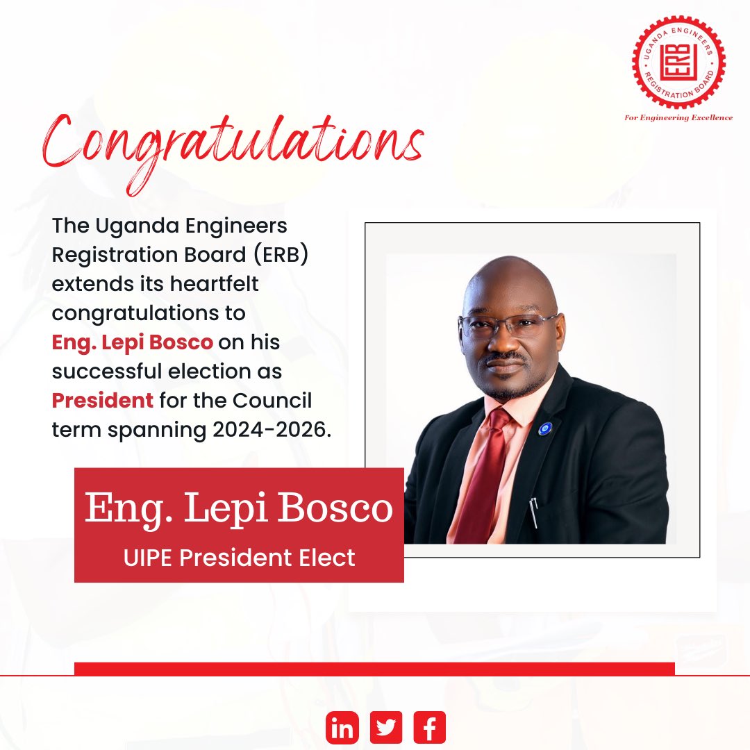 @ERBUganda extends its heartfelt congratulations to @BoscolepiLepi on his successful election as President for the Council term spanning 2024-2026. @UIPE_Uganda