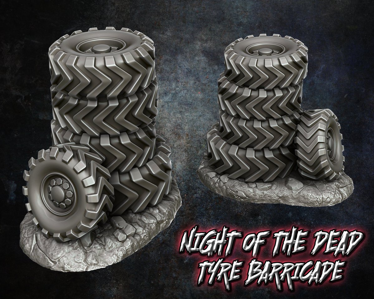 Night Of The Dead Tyre Barricade, part of my new Ruined Realms range of terrain. Sculpted by myself &amp; printed in the highest quality resin 🎲💥

Thank you for supporting an indie game artist you absolute legend ❤️

⚔️ hellforgeprops.etsy.com ⚔️

#tabletopgames #ttrpg #miniatures