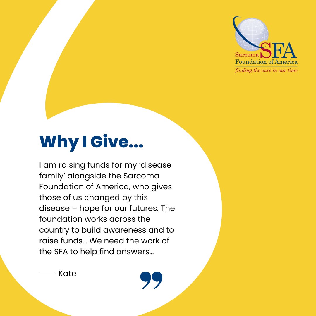 This #SFAGivingTuesday, we’re highlighting one of our supporters and why they give to SFA. Thank you, Kate, for sharing your perspective & aiding our mission to cure #sarcoma. Join us and make a difference at ow.ly/eg2850QWQN5 #WhyIGive #CureSarcoma