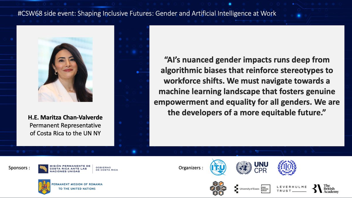 @RomaniaUN_NY @CostaRicaONU @ILO_NewYork @UNUCPR @EKelan @WomeninAIEthics 💡@MaritzaChanV, PR of Costa Rica to UN, at #CSW68 side event on “ Shaping inclusive futures: gender & AI at work.” ⬇️ @CostaRicaONU