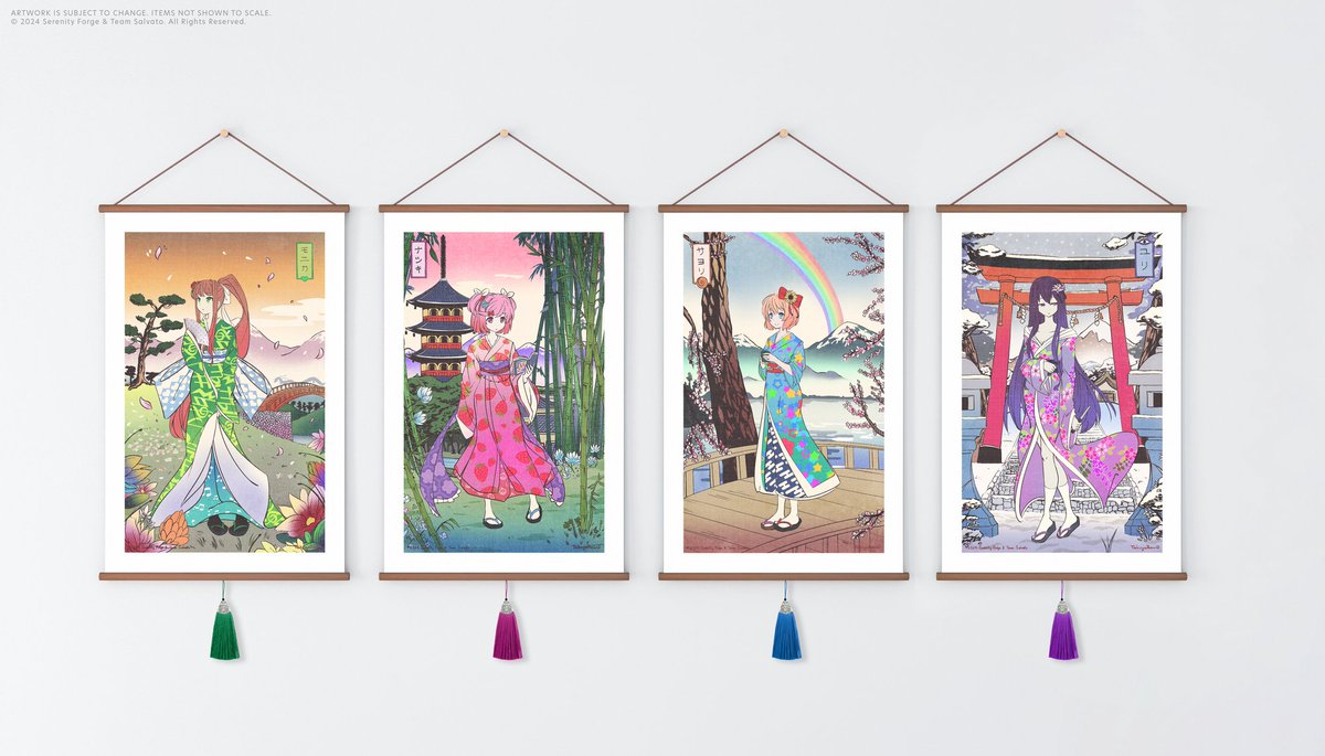 Our brand-new #DokiDokiLiteratureClub wall scrolls are now available for pre-order! These 12”x18” canvas prints feature gorgeous designs from @TakuyaRawr, authentic walnut blocks, and matching tassels 💚 Link: store.serenityforge.com/products/doki-…